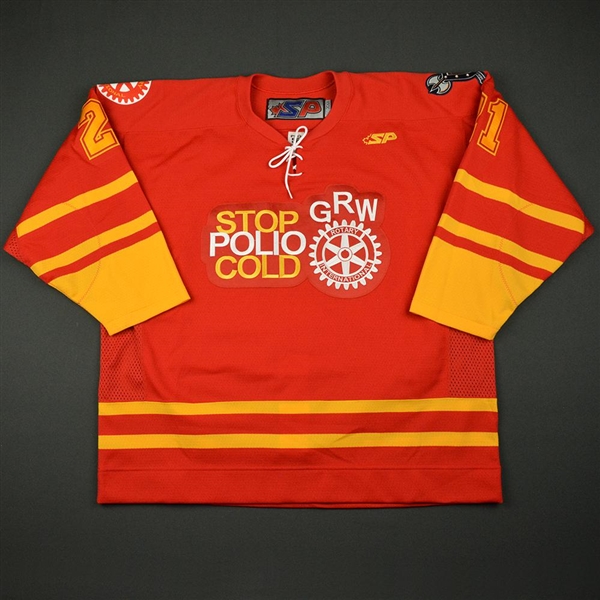 Bowers, Justin<br>Red "Stop Polio Cold" - CLEARANCE Feb. 18<br>Greenville Road Warriors 2010-11<br>#21 Size:56