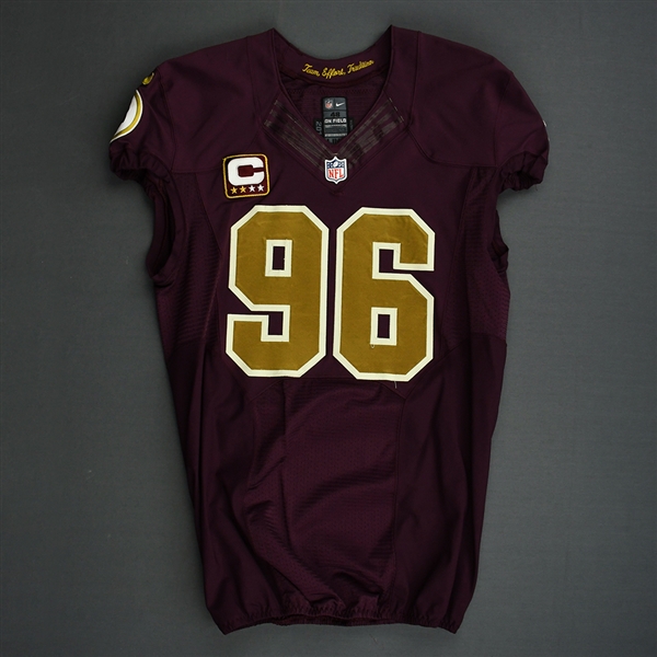 Cofield, Barry<br>Burgundy and Gold Throwback - worn November 3, 2013 vs. San Diego Chargers w/ Captains C<br>Washington Redskins 2013<br>#96 Size: 48 LINE