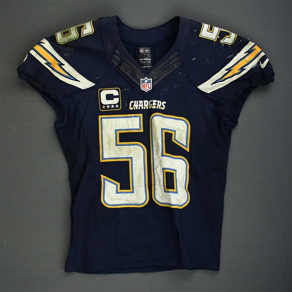 Butler, Donald<br>Navy - Worn December 29, 2013 vs. Kansas City Chiefs w/ Captains C<br>San Diego Chargers 2013<br>#56 Size: 44 SKILL