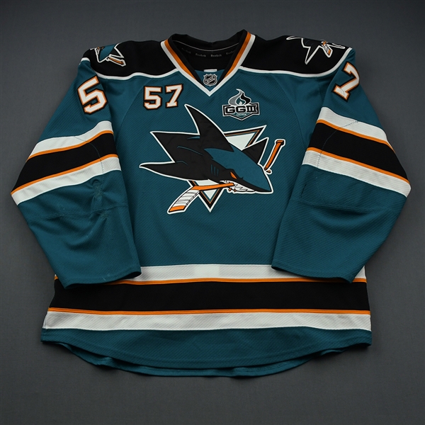 Wingels, Tommy * <br>Teal w/GG III Memorial Patch<br>San Jose Sharks 2012-13<br>#57 Size: 56