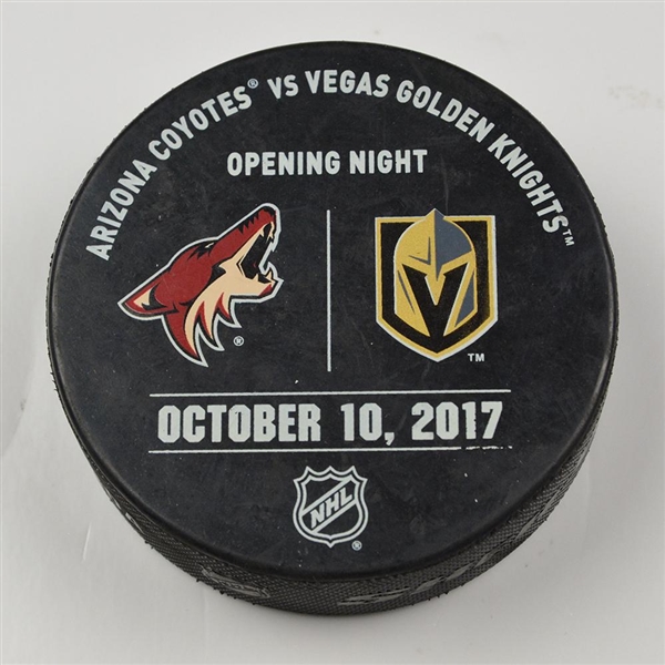 Vegas Golden Knights Inaugural Game Warmup Puck<br>October 10, 2017<br>vs. Arizona Coyotes<br>2017-18