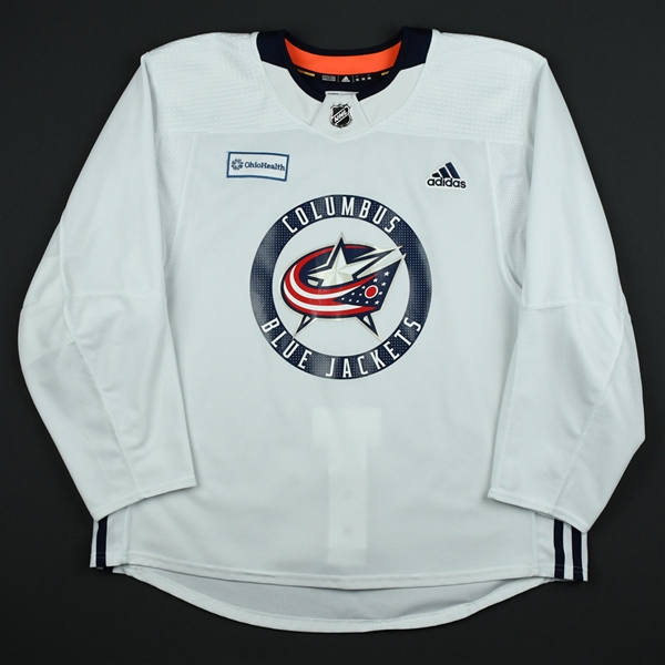 adidas<br>White Practice Jersey w/ OhioHealth Patch <br>Columbus Blue Jackets 2017-18<br> Size: 56