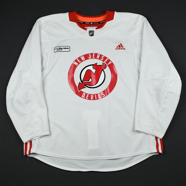 adidas<br>White Practice Jersey w/ RWJ Barnabas Health Patch<br>New Jersey Devils 2017-18<br> Size: 58