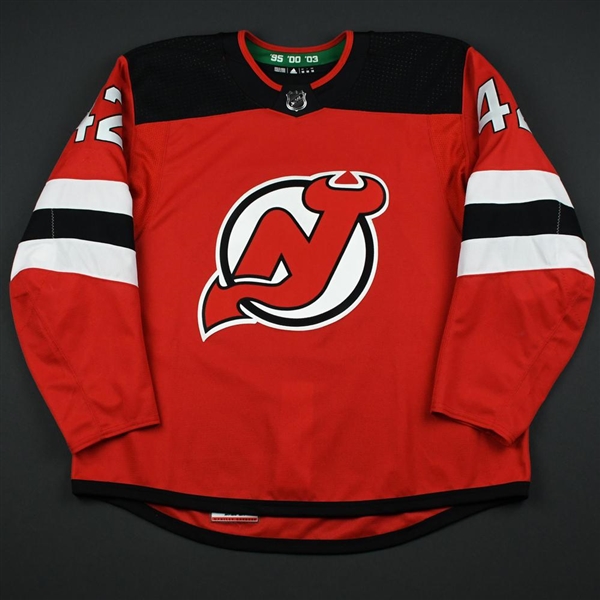 Bastian, Nathan<br>Red Set 1 - Training Camp Only<br>New Jersey Devils 2017-18<br>#42 Size: 58