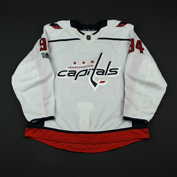 <p>This white jersey was worn by Damien Riat while playing for the Washington Capitals during the 2017-18 National Hockey League preseason. It includes the NHL Centennial patch.</p><p>The Capitals...