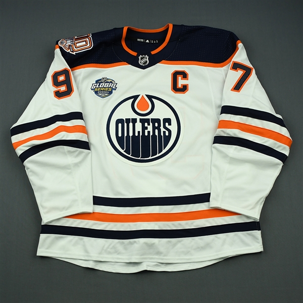 McDavid, Connor *<br>White Global Series Sweden w/C w/ 40th Anniversary Patch - October 6, 2018 - 2nd Period<br>Edmonton Oilers 2018-19<br>#97 Size: 56