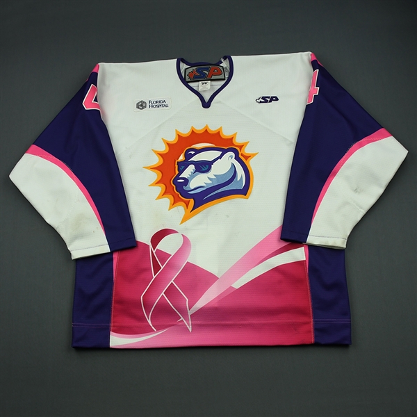 Aneloski, Bryce *<br>White/Pink - Hockey Fights Cancer<br>Orlando Solar Bears 2013-14<br>#4 Size: 56