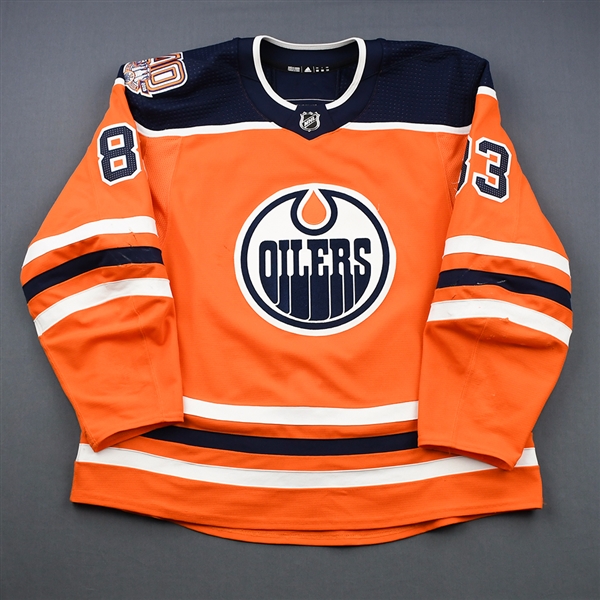 Benning, Matt<br>Orange Set 2 w/ 40th Anniversary Patch<br>Edmonton Oilers 2018-19<br>83 Size: 58