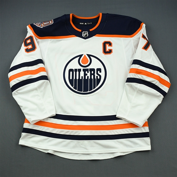McDavid, Connor<br>White Set 1 w/C, w/ 40th Anniversary Patch - Game-Issued (GI)<br>Edmonton Oilers 2018-19<br>#97 Size: 56