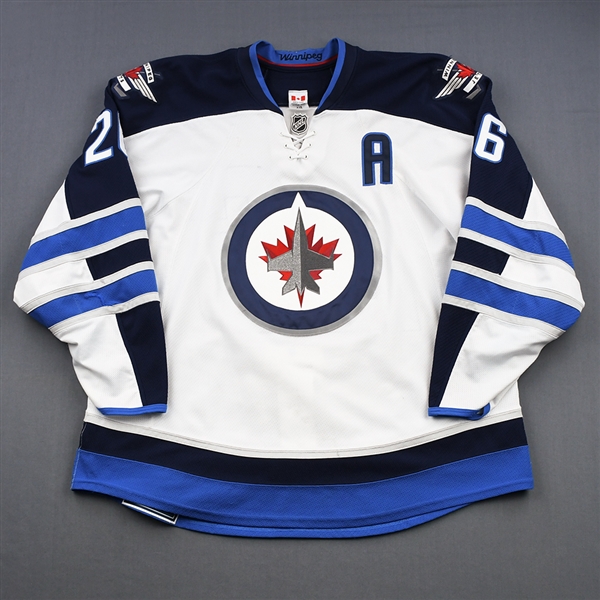 Wheeler, Blake *<br>White w/A and 2011-12 Inaugural Season Patch removed<br>Winnipeg Jets 2011-16<br>26 Size: 58