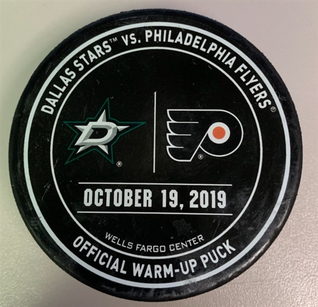 Philadelphia Flyers Warmup Puck<br>October 19, 2019 vs. Dallas Stars<br>Philadelphia Flyers 2019-20<br>