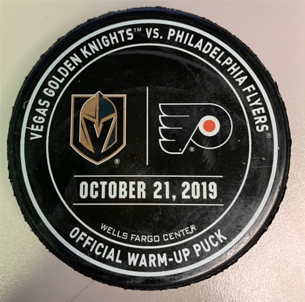Philadelphia Flyers Warmup Puck<br>October 21, 2019 vs. Vegas Golden Knights<br>Philadelphia Flyers 2019-20<br>