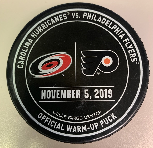 Philadelphia Flyers Warmup Puck<br>November 5, 2019 vs. Carolina Hurricanes<br>Philadelphia Flyers 2019-20<br>