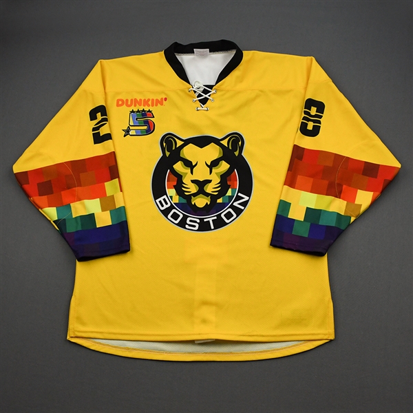 Mastel, Briana<br>Yellow You Can Play - Worn February 15, 2020 vs. Connecticut Whale<br>Boston Pride 2019-20<br>#28 Size: XL
