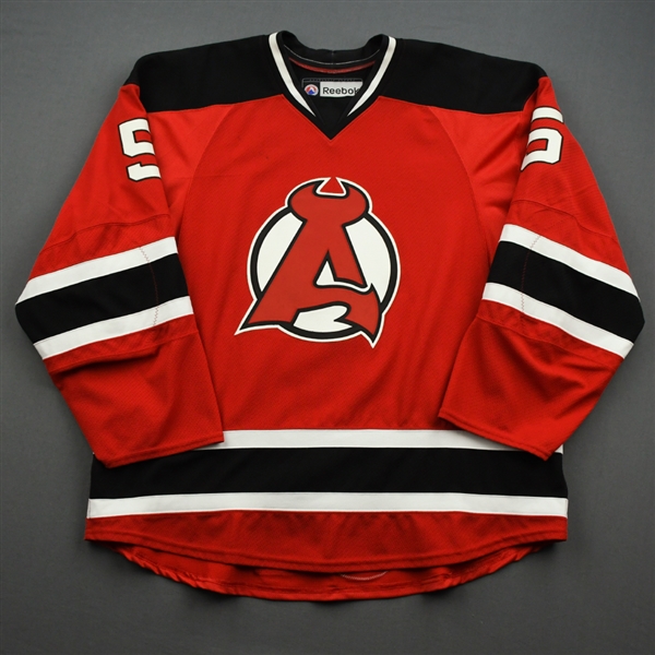 NNOB (No Name On Back) *<br>Red - Game-Issued (GI)<br>Albany Devils 2013-14<br>#5 Size: 58