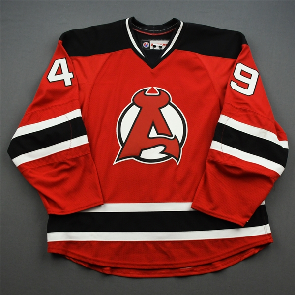 NNOB (No Name On Back) *<br>Red - Game-Issued (GI)<br>Albany Devils 2016-17<br>#49 Size: 56