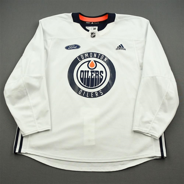 adidas <br>White Practice Jersey w/ Ford Patch<br>Edmonton Oilers 2019-20<br> Size: 60