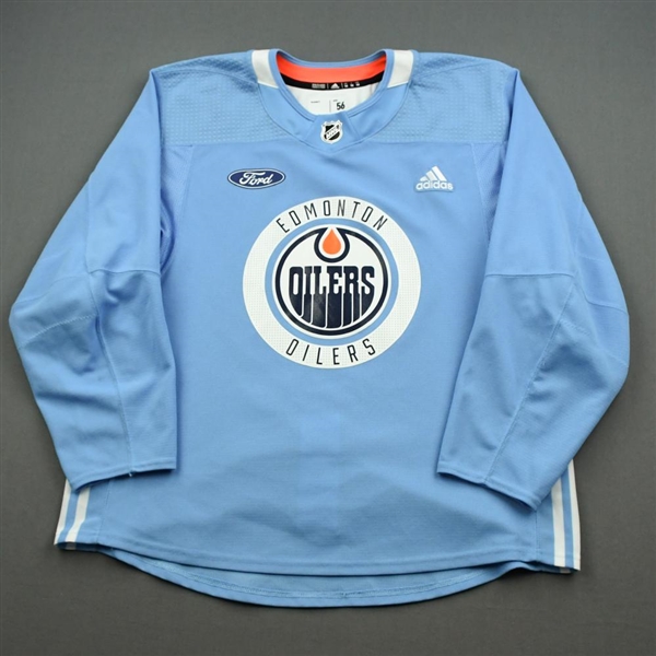 adidas <br>Light Blue Practice Jersey w/ Ford Patch<br>Edmonton Oilers 2019-20<br> Size: 56