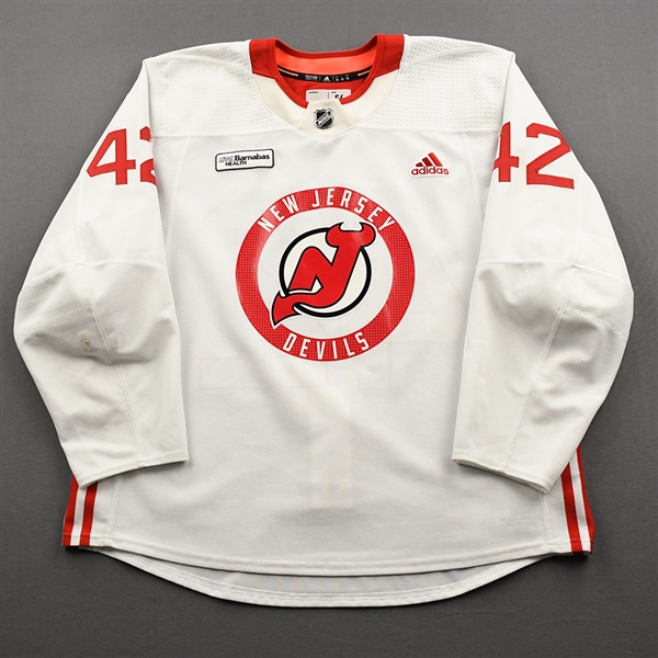 Bastian, Nathan<br>White Practice Jersey w/ RWJ Barnabas Health Patch<br>New Jersey Devils <br>#42 Size: 56