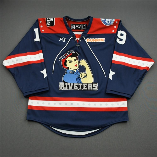 NNOB (No Name on Back), <br>Navy Lake Placid Set w/ Isobel Cup & End Racism Patch (Game-Issued)<br>Metropolitan Riveters 2020-21<br>#19 Size:  MD