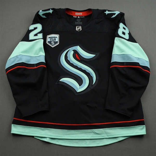 Soucy, Carson<br>Blue First Game in Climate Pledge Arena History w/ Inaugural Season Patch - October 23, 2021 - 2nd Period Only<br>Seattle Kraken 2021-22<br>#28 Size: 58