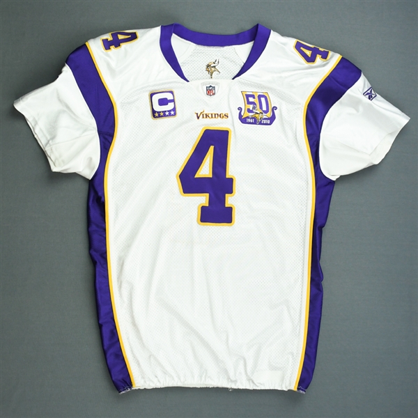 Favre, Brett *<br>White w/C & 50 year patch- worn 11/14/10 vs. Chicago - 1st Half Only - Autographed and Inscribed - Photo-Matched<br>Minnesota Vikings 2010<br>#4 Size: 48 Q