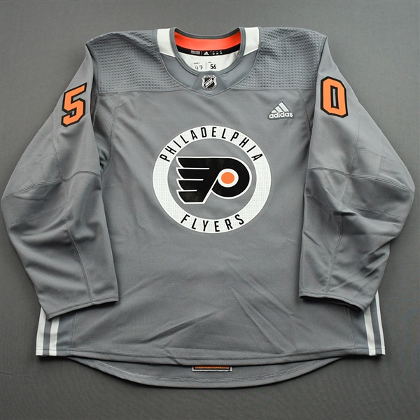 Attard, Ronnie<br>Gray - Lou Nolan 50 Years - Warmup Only 4/9/22<br>Philadelphia Flyers 2021-22<br>#50 Size: 56