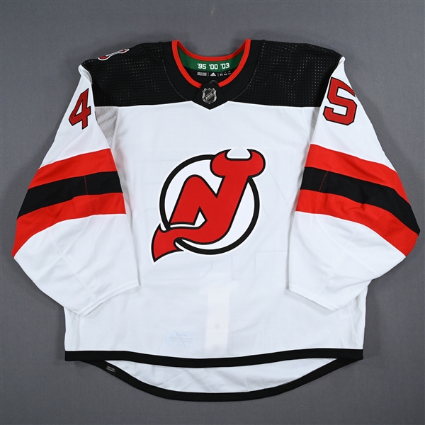 Bernier, Jonathan<br> White Set 1 w/ 40th Anniversary Patch - Game-Issued (GI)<br>New Jersey Devils 2022-23<br> #45 Size: 58G