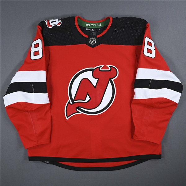 Bahl, Kevin<br>Red Set 2 w/ 40th Anniversary Patch<br>New Jersey Devils 2022-23<br>#88 Size: 58