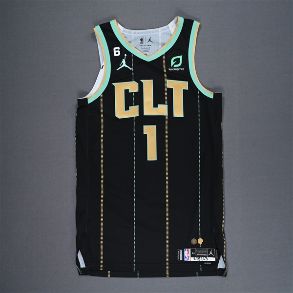 Ball, LaMelo<br>Black City Edition - Worn 7 Games - (12/16/22, 1/2/23, 1/10/23, 1/26/23, 2/2/23, 2/5/23, 2/8/23)<br>Charlotte Hornets 2022-23<br>#1 Size: 44+4