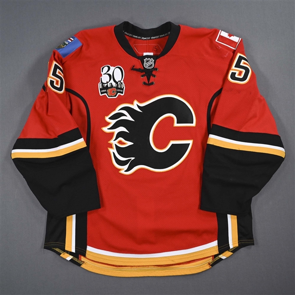 Dawes, Nigel *<br>Red Set 2 w/ 30th Anniversary Patch<br>Calgary Flames 2009-10<br>#15 Size: 54