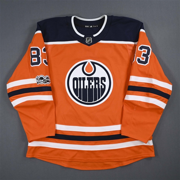 Benning, Matt *<br>Orange w/ NHL Centennial Patch - Promotional Game 11/1/17<br>Edmonton Oilers 2017-18<br>#83 Size: 56