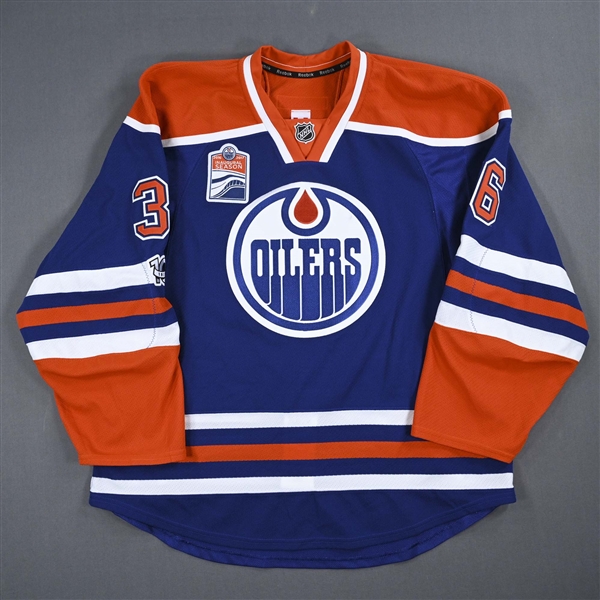 Caggiula, Drake *<br>Blue w/ NHL Centennial & Rogers Place Inaugural Season Patches - Promotional Game 3/10/17 - Warm-Up Only<br>Edmonton Oilers 2016-17<br>#36 Size: 56