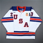 Brown, Dustin *<br>White Throwback w/A, Sochi Olympics 2-16-14 vs. Slovenia (Warm -up and 1st Period)<br>Team USA Hockey 2014<br>#23 Size: 56