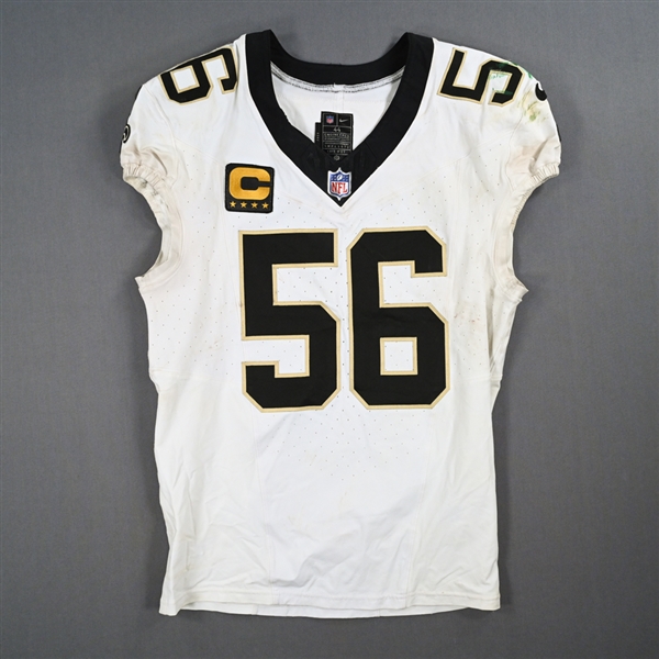Davis, Demario<br>White w/C - Worn September 24, 2023 at Green Bay Packers - PHOTO-MATCHED<br>New Orleans Saints 2023<br>#56 Size: 44 SHORT CAP