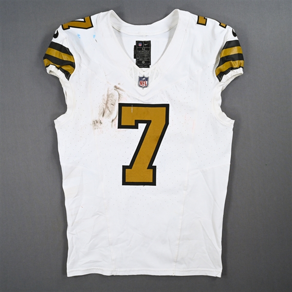 Hill, Taysom<br>White Color Rush - Worn December 21, 2023 at Los Angeles Rams - PHOTO-MATCHED<br>New Orleans Saints 2023<br>#7 Size: 42 SHORT CAP