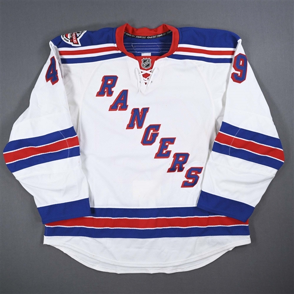 Fritsche, Dan * <br>White w/ Premiere Prague Patch - Game-Issued (GI)<br>New York Rangers 2008-09<br>#49Size: 58