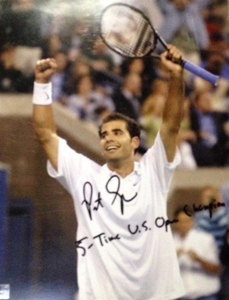 Sampras, Pete<br>Autographed 8x10 with inscription of  5-Time US Open Champion<br> 2012
