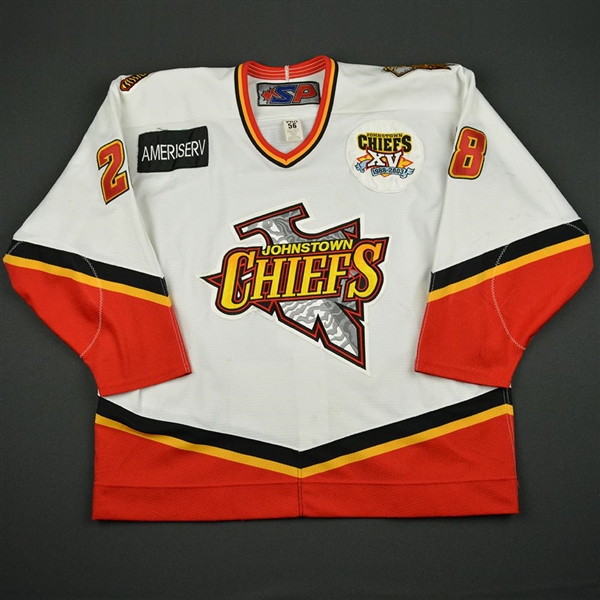 Courchesne, Pierre-Luc * <br>White - w/Chiefs XV 1988-2003 Patch<br>Johnstown Chiefs 2002-03<br>#28 Size: 56