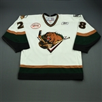 Parnham, Brett<br>White Set 1 w/ Inaugural Season at Maverik Center Patch<br>Utah Grizzlies 2010-11<br>#28 Size: 56