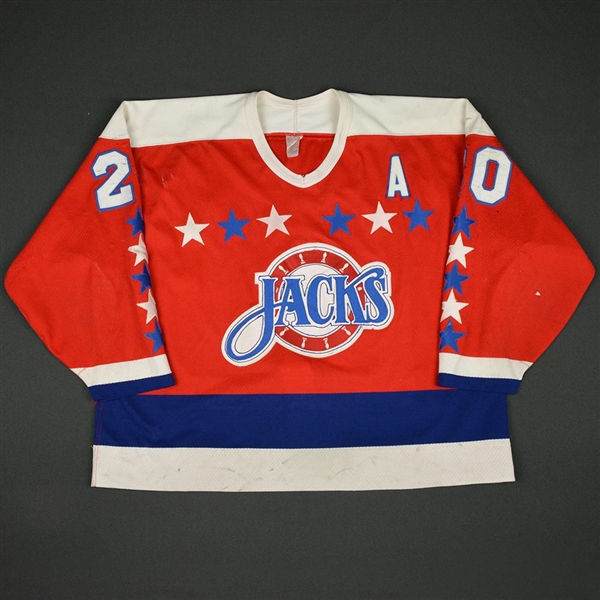 Larter, Tyler * <br>Red w/A<br>Baltimore Skipjacks 1989-90 and/or 1990-91<br>#20 Size: Large