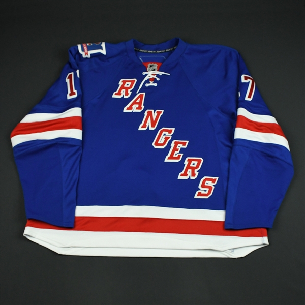 Dubinsky, Brandon * <br>Blue - Brian Leetch Night w/ #2 Patch - January 24, 2008 - 1st Period<br>New York Rangers 2007-08<br>#17 Size: 58