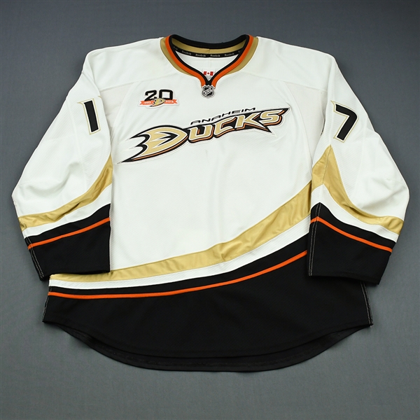 Penner, Dustin * <br>White Set 1 w/20 year patch, Photo-Matched<br>Anaheim Ducks 2013-14<br>#17 Size: 58+