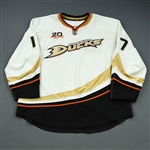Penner, Dustin * <br>White Set 1 w/20 year patch, Photo-Matched<br>Anaheim Ducks 2013-14<br>#17 Size: 58+
