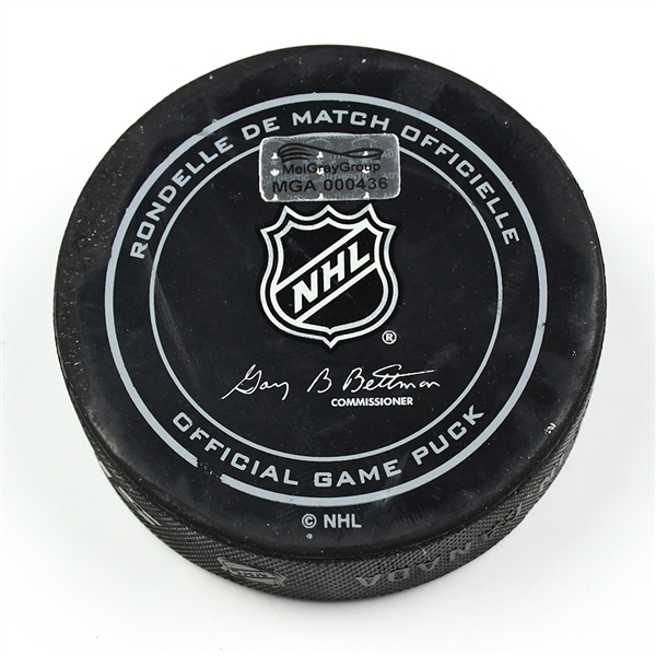 Columbus Blue Jackets Game-Used Puck<br>December 1, 2014 vs. Florida Panthers (Blue Jackets Logo)<br>Columbus Blue Jackets 2014-15