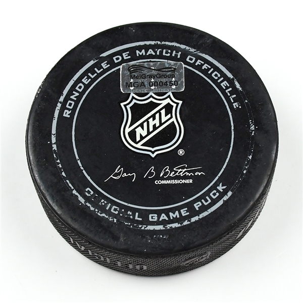 Columbus Blue Jackets Game-Used Puck<br>December 13, 2014 vs. Pittsburgh Penguins (Blue Jackets Logo)<br>Columbus Blue Jackets 2014-15