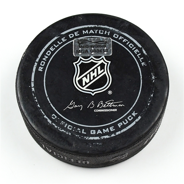 Columbus Blue Jackets Game-Used Puck<br>December 13, 2014 vs. Pittsburgh Penguins (Blue Jackets Logo)<br>Columbus Blue Jackets 2014-15