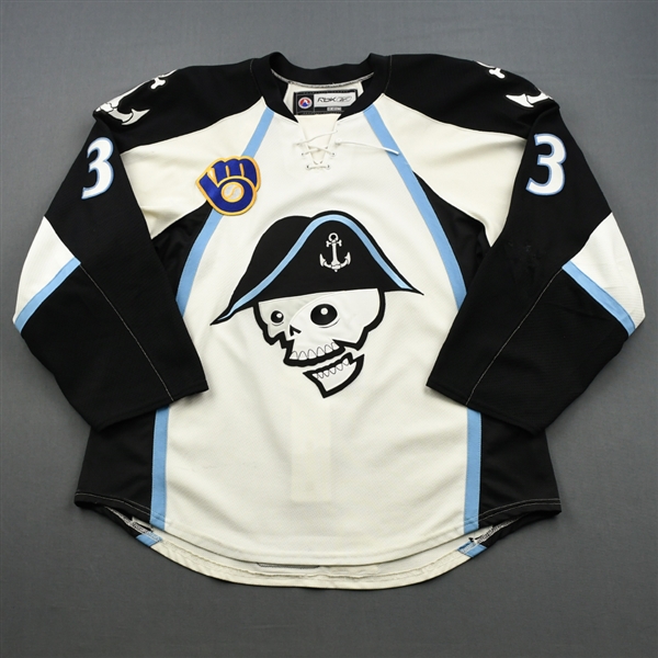 Blum, Jonathon * <br>White - AHL 75 Seasons Patch - Photo-Matched<br>Milwaukee Admirals 2010-11<br>#3 Size: 54