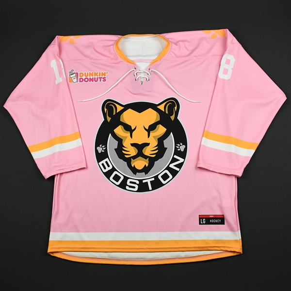 Levine, Michaela<br>Strides for the Cure - Worn February 2, 2018 vs. Connecticut Whale<br>Boston Pride 2017-18<br>#18 Size: LG