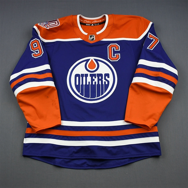 McDavid, Connor *<br>Blue Retro w/C, w/ 40th Anniversary Patch - Worn December 9, 2018 <br>Edmonton Oilers 2018-19<br>#97 Size: 56